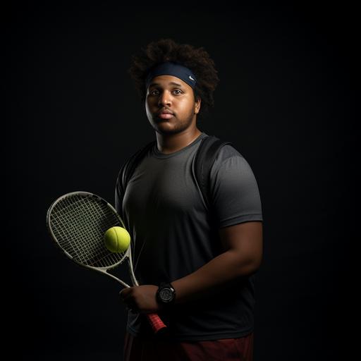 lightskin Black, slightly chubby male, short hair, Pickle ball player, facing camera, profile position, wearing a headband, arms by his side, holding a picke ball paddle in his hand, 4k dslr, raw style