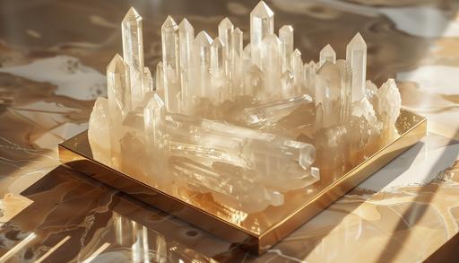 photorealistic selenite crystal with natural light reflections sitting on gold marble display tray, abstract --ar 7:4 --v 6.0