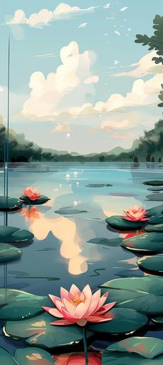 lily pads and pink lotus floating in water in the style of studio ghibli:: soft colours --v 6.0 --ar 4:9