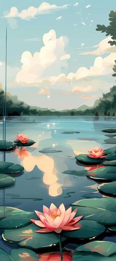 lily pads and pink lotus floating in water in the style of studio ghibli:: soft colours --v 6.0 --ar 4:9