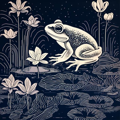 lilypad and cute frog bold block print linocut in the style of victo ngai, yuko shimizu, black-and-white monochromatic