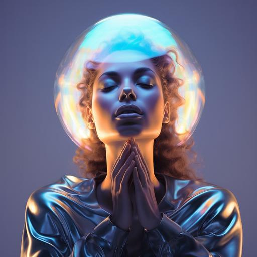 girl with thick beautiful dark curls, in blue light, with golden light on her chest, new dimension, meditation, metal sphere