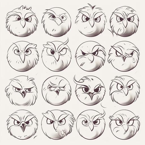 line art logo for 30 cartoon hawks expressing a range of emotions --v 5.0