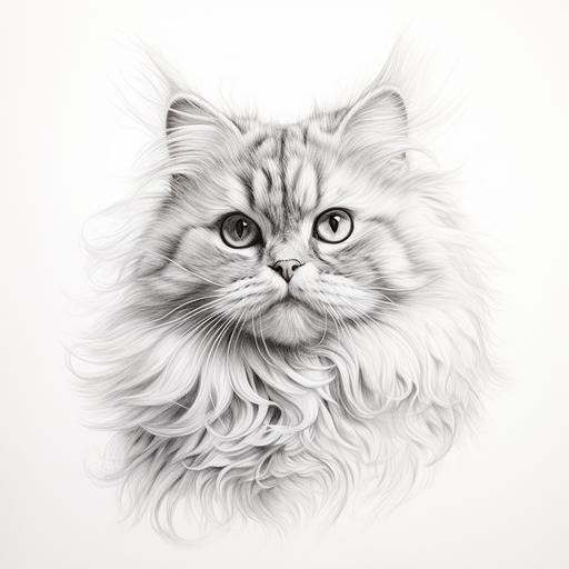 line drawing of cute persian cat, pencil, white background