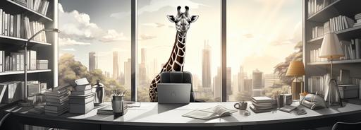 line image drawing of a small modern office in black and white. The offices are tidy. There is a giraffe sitting at a desk. Cartoon style --ar 25:9 --s 750