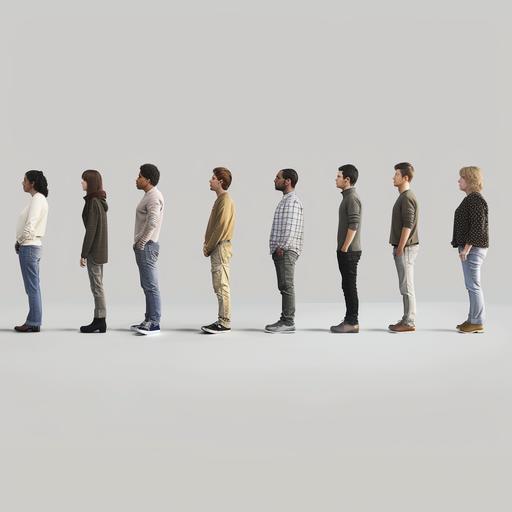 line of people waiting in profile, realistic, 4k