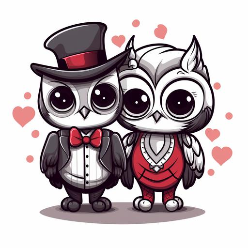 line vector, Love Couple Chibi Owl Valentine's Heart, black and white --s 50