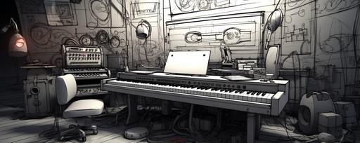 lineal draw, sketch, perfect edges, unreal engine, cartoon, space equipped with instruments, recording technology and tools for musical creation. In it, artists compose, practice, record and perfect their works, exploring creativity and refining their sound. --ar 5:2