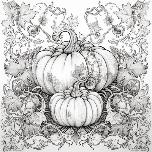 linear art coloring book for adults, vintage gothic pumpkins