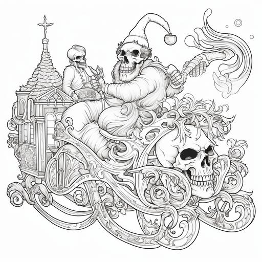linear art coloring page, vintage gothic Christmas sleigh decorated with skulls