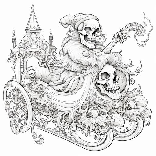 linear art coloring page, vintage gothic Christmas sleigh decorated with skulls