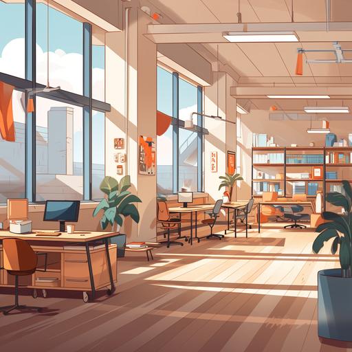 linkdn banner, cartoon style, interior architecture, student workspace, muted colors