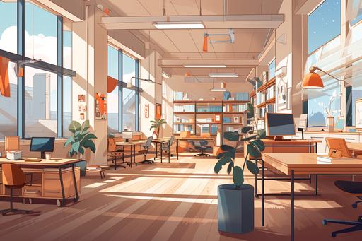 linkdn banner, cartoon style, interior architecture, student workspace, muted colors