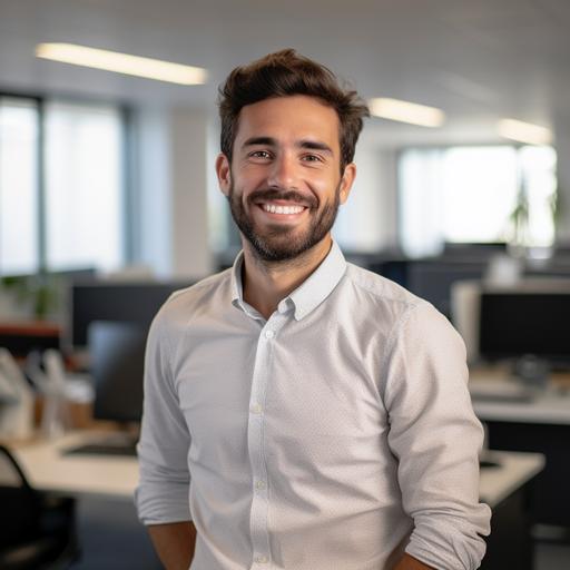 linkedin profile picture of a man 28 years old smiling with short beard Spaniard formal long sleeve white shirt in an office