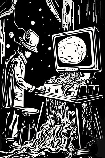 linocut line art, mixing table made of fungus, wool, wood, wire, tons of cables, connected to genderless humanoids by fungal tendrils, on an otherworldly planet, in the style of Moebius minimal logo 80s sc fi movie style, videodrome, black and white flat bold framed vector style. art by mierAI --ar 2:3 --v 6.0 --sref