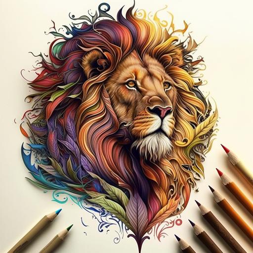 lion, full color, doodle, proud,regal, flame, white background --s 750 --q 2