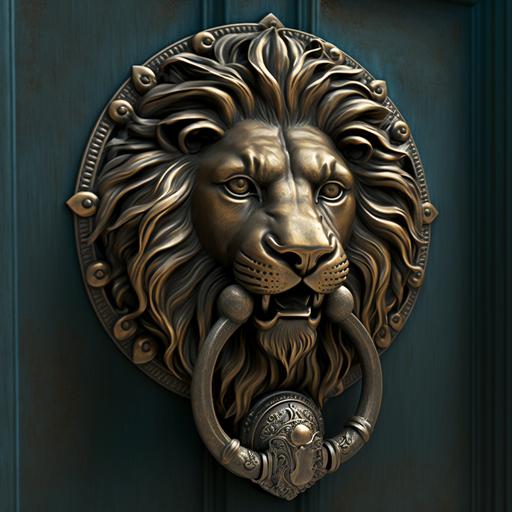 lion head door knocker on a stone door