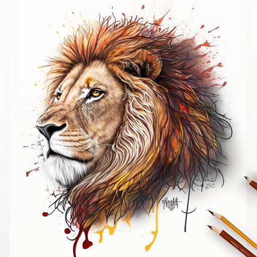 lion, rustic color, doodle, proud,regal, flame, white background --s 700 --q 3