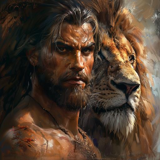 lion shifter handsome rugged man long hair with loin in background pixel 2560 by 1600