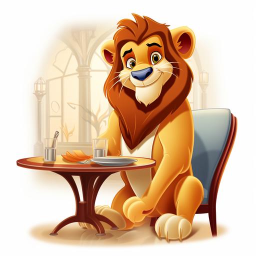lion sitting in restaurant, cartoon, disney, white background --v 5.2