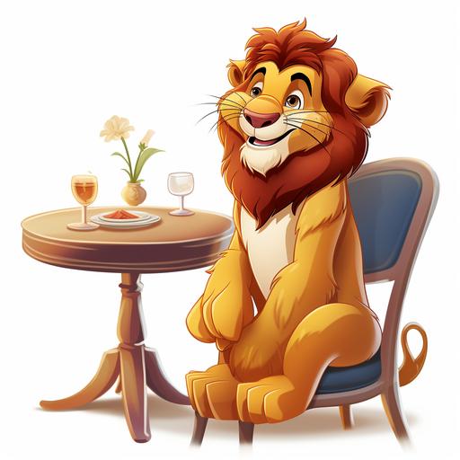 lion sitting in restaurant, cartoon, disney, white background --v 5.2