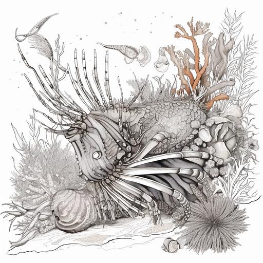 --v 5 lionfish, ocean, rocks, crabs, sea plants, small fish, starfish, coloring book, line drawing, detailed