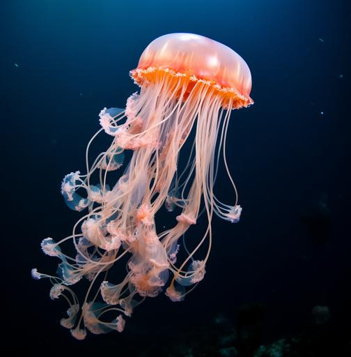 lion's mane jellyfish is one of the largest jelly species in the world, growing to an average length of 40 cm, but can reach lengths of 200 cm. The bell of the lion's mane jellyfish is divided into eight lobes, resembling an eight-pointed star. The long, hair-like tentacles hanging from the underside of its bell-shaped body can reach up to 120 feet in length, making some individuals rival the size of the blue whale, the largest animal in the world. elegant picture, mesmerizing nature. intricate colors and details, vibrant atmosphere, HYper-realistic, High contrast of colors. Very long exposure time, slow speed shutter, blurry movements, national geographic photo style, 64K. HD, Ultra-Wide Angle, Depth of Field. Octane render, Intricate details. hyper-realistic, no signature, no label. --v 5.2 --ar 128:129