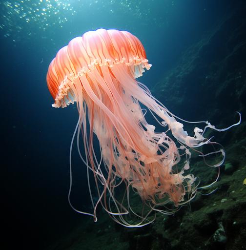 lion's mane jellyfish is one of the largest jelly species in the world, growing to an average length of 40 cm, but can reach lengths of 200 cm. The bell of the lion's mane jellyfish is divided into eight clear lobes, resembling an eight-pointed star. The long, hair-like tentacles hanging from the underside of its bell-shaped body can reach up to 120 feet in length, making some individuals rival the size of the blue whale, the largest animal in the world. elegant picture, mesmerizing nature. intricate colors and details, vibrant atmosphere, HYper-realistic, High contrast of colors. Very long exposure time, slow speed shutter, blurry movements, national geographic photo style, 64K. HD, Ultra-Wide Angle, Depth of Field. Octane render, Intricate details. hyper-realistic, no signature, no label. --v 5.2 --ar 128:129