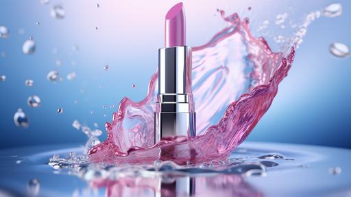 lipstick silver shiny case in crystal clear and transparent light pink and blue water, waterfall splashing, liquid explosion, in the style of snapshot aesthetics::3 --aspect 16:9