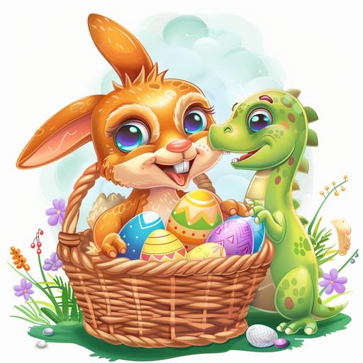 lisa frank style clipart baby brown easter bunny holding eggs in easter basket, with green happy dinasour, white background