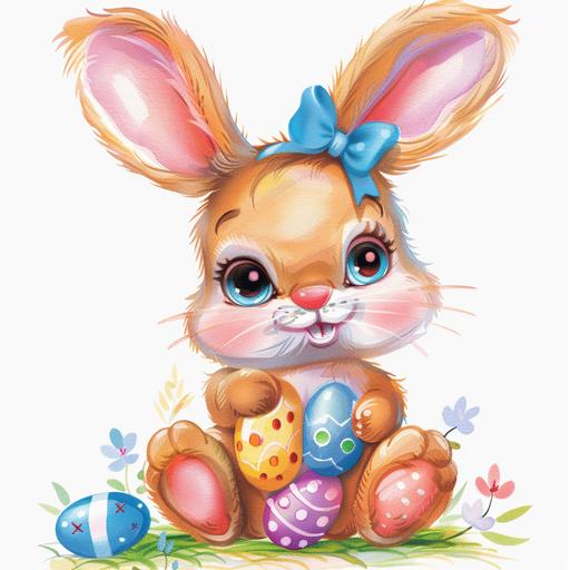 lisa frank style clipart baby brown easter bunny holding eggs, white background