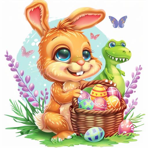 lisa frank style clipart baby brown easter bunny holding eggs in easter basket, with green happy dinasour, white background