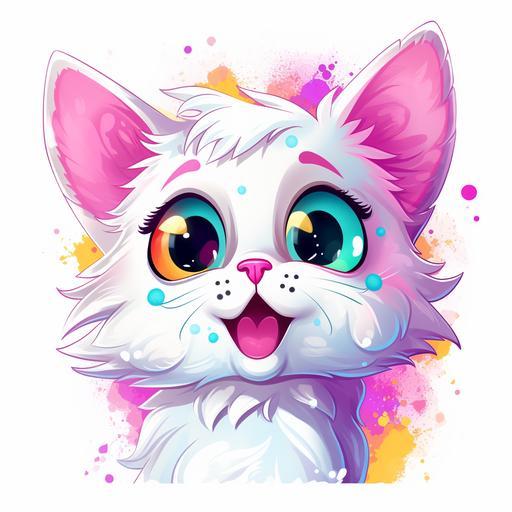 lisa frank style clipart,a cute white cat surprised, white background