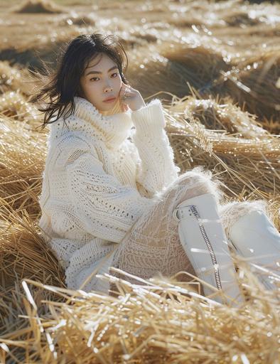 lisa kwong wearing a white sweater and white boots in a field of hay, in the style of cowboy imagery, muted hues, elegant , andrzej sykut, intricate webs, melissa launay, emma ríos --ar 92:119