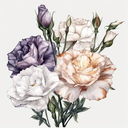 lisianthus flowers and roses , realistic hyperrealism full lenght clipart white background watercolor --v 5 --s 750