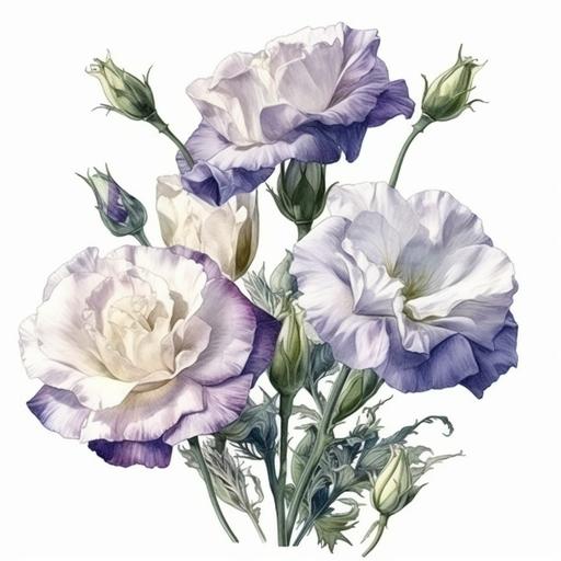 lisianthus flowers, realistic hyperrealism full lenght clipart white background watercolor --v 5 --s 750