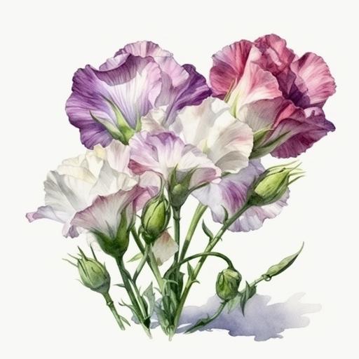 lisianthus flowers, realistic hyperrealism full lenght clipart white background watercolor --v 5 --s 750
