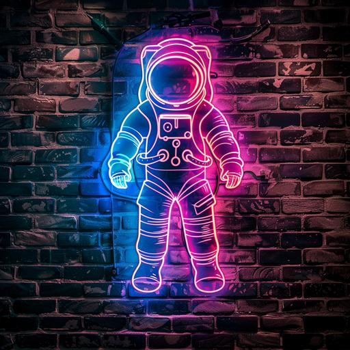lit neon sign shaped like an astronaut, pink, blue, brick wall, dark room
