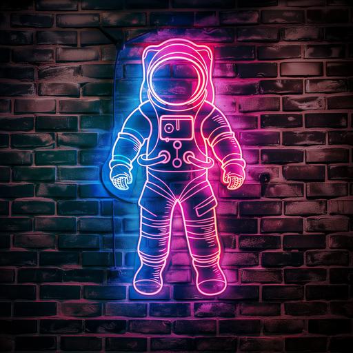 lit neon sign shaped like an astronaut, pink, blue, brick wall, dark room --v 6.0