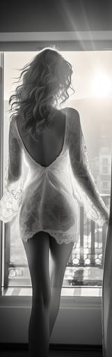 lithe slim beautiful woman in short white sheer lace nightgown, sharpened, voyeuristic style, standing in luxurious bedroom, natural window light during rising sun, fashion photography, natural light black and white, seen from behind--q 5 --style raw --s 250 --c 20 --ar 6:19 --v 5.2