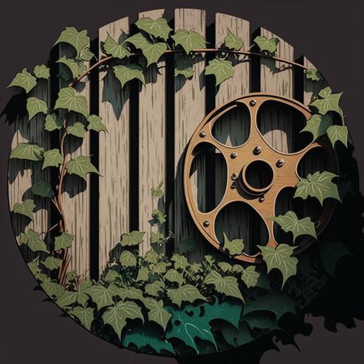 lithocut of an empty film reel hung on a wooden fence. A blank wooden sign on top of the fence. Ivy growing all over the fence. Bright.