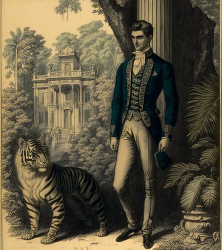 lithography aristocratic young 19th century english gentleman standing with one hand on a royal bengal tiger with an english mansion and trees in background --v 4 --s 720 --ar 15:17