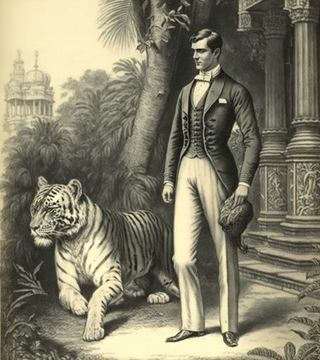 lithography aristocratic young 19th century english gentleman standing with one hand on a royal bengal tiger with an english mansion and trees in background --v 4 --s 720 --ar 15:17