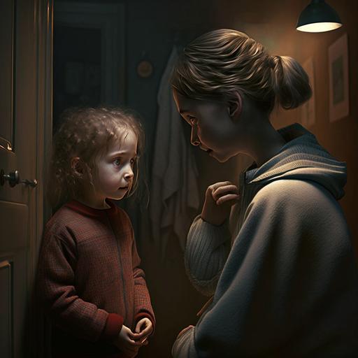 litte girl talks to shy mom in a dark flat