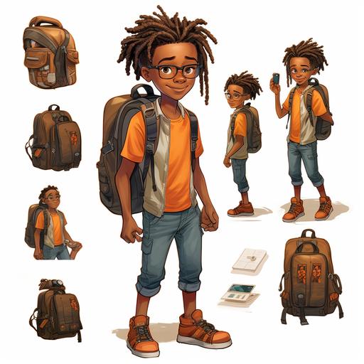 little african american boy, dred locs, glasses, brown skin, multiple,various poses and expressions, children book illustration style, charles schultz, simple handsome, 14 years old fill color, orange shoes, blue jeans, holding a Canon DSLR camera, wearing a back pack, flat color--no outline