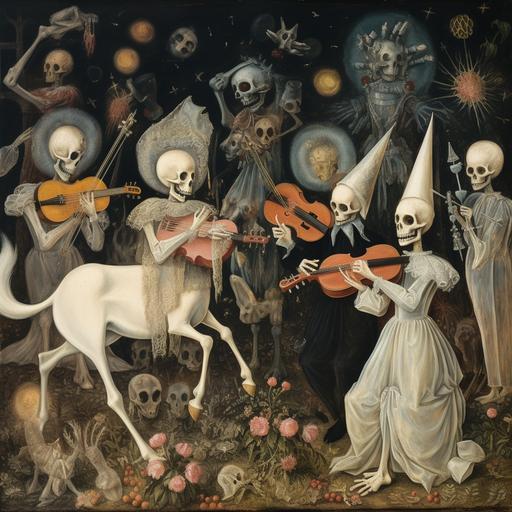 little angels dancing, performance, antique instruments, skeleton of a donkey, skeleton of a cow, angelcore, mythological iconography, pale palette, gouache, luminous brushwork, renaissance painting