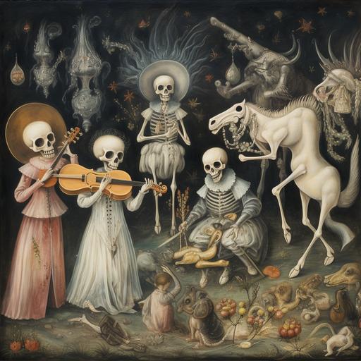 little angels dancing, performance, antique instruments, skeleton of a donkey, skeleton of a cow, angelcore, mythological iconography, pale palette, gouache, luminous brushwork, renaissance painting