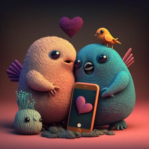 little animals in love using their cell phones, cartoon style, plasticine textures, pastel colors, ultra detailed, high definition, 4k