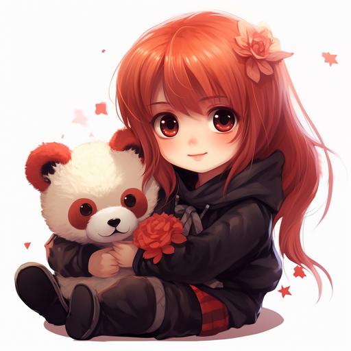 little anime girl with a stuffed red panda, kawaii