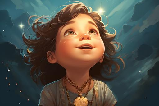 little baby girl with a locket in his neck looking up to the sky, children's book illustration style, --ar 3:2